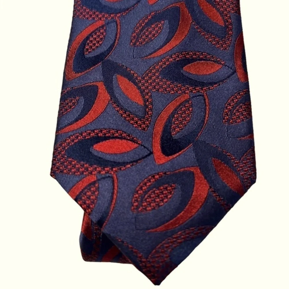 PAUL FREDRICK blue & red silk modern geometric print skinny tie